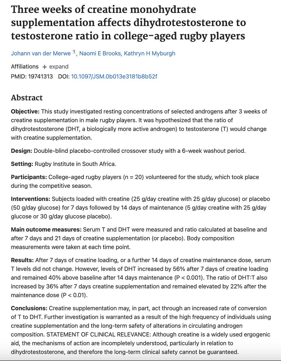 Wow, creatine boosted DHT 56% after just 7 days in this study.

DHT is 10x more androgenic than testosterone and many of the benefits of T are actually thought to be through DHT.

Creatine is one of the most underrated supplements