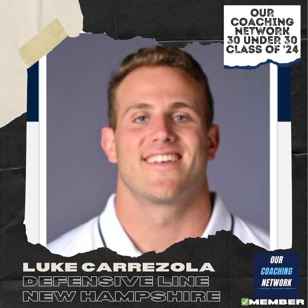 🏈30 under 30🏈 Welcome @UNH_Football Defensive Line Coach @Coach_Carrezola to the 2024 Our Coaching Network 30 Under 30 Class! He's one of the most talented young Defensive Line Coaches in CFB & we're excited to have him🤝 30 Under 30 Selections 🧵👇