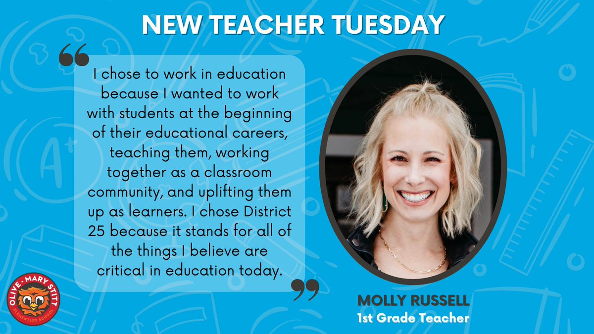 Happy #NewTeacherTuesday, AH fam! Molly Russell has been a member of the Olive fam for a while now, going from greeting and helping our community as a Front Office Admin Assistant, to now a 1st Grade Teacher! We're so happy you’re a part of our family, Molly! #d25itspersonal