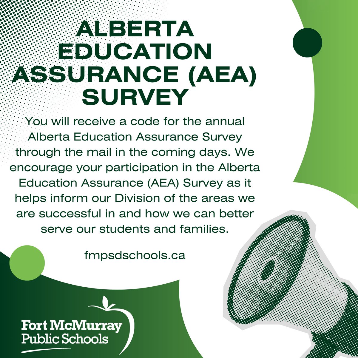 ATTENTION Parents & Guardians! Be on the lookout for Alberta Education Assurance (AEA) Survey codes through the mail! For more information: bit.ly/42iRDUY @annaleeskinner @LindaMywaart #FMPSD #YMM #RMWB