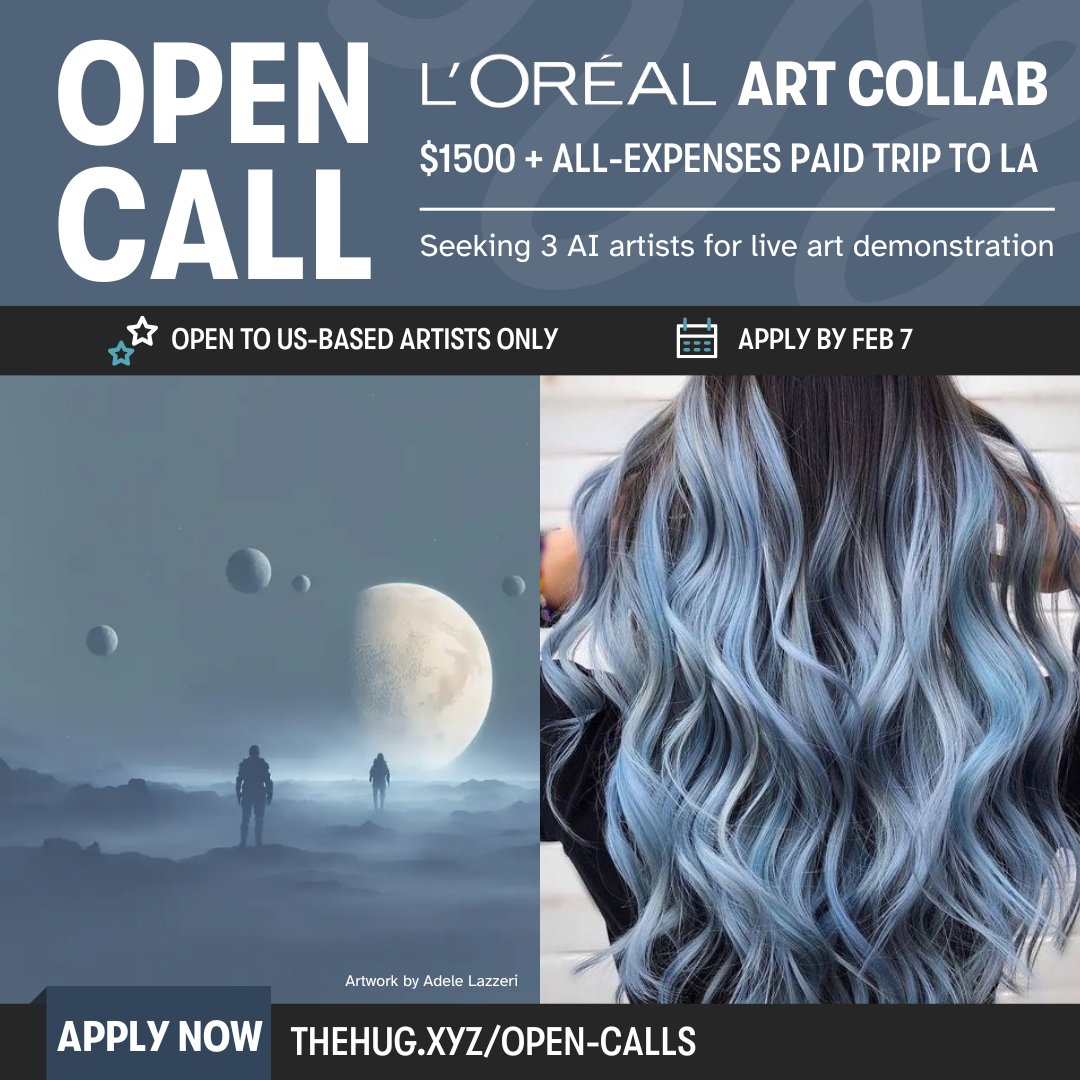 ✨ Exclusive Open Call for AI Artists✨ HUG wants to take you on an all-expenses paid trip to Sunny LA! Our friends at L’Oréal are seeking 3 AI artists to give live demos to an audience of beauty industry professionals. Artists will share their creative process while generating
