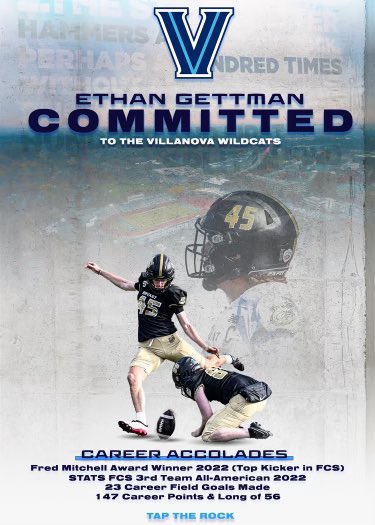 Ethan Gettman (@gettmanethan) on Twitter photo Officially Committed to Villanova University!! Go Wildcats ✌️
<a href="/CoachLang22/">Matthew Colangelo</a> <a href="/coachferranteVU/">Mark Ferrante</a> <a href="/NovaFootball/">Villanova Football</a> <a href="/4thDownU/">4th Down University™️</a> Officially Committed to Villanova University!! Go Wildcats ✌️
<a href="/CoachLang22/">Matthew Colangelo</a> <a href="/coachferranteVU/">Mark Ferrante</a> <a href="/NovaFootball/">Villanova Football</a> <a href="/4thDownU/">4th Down University™️</a>