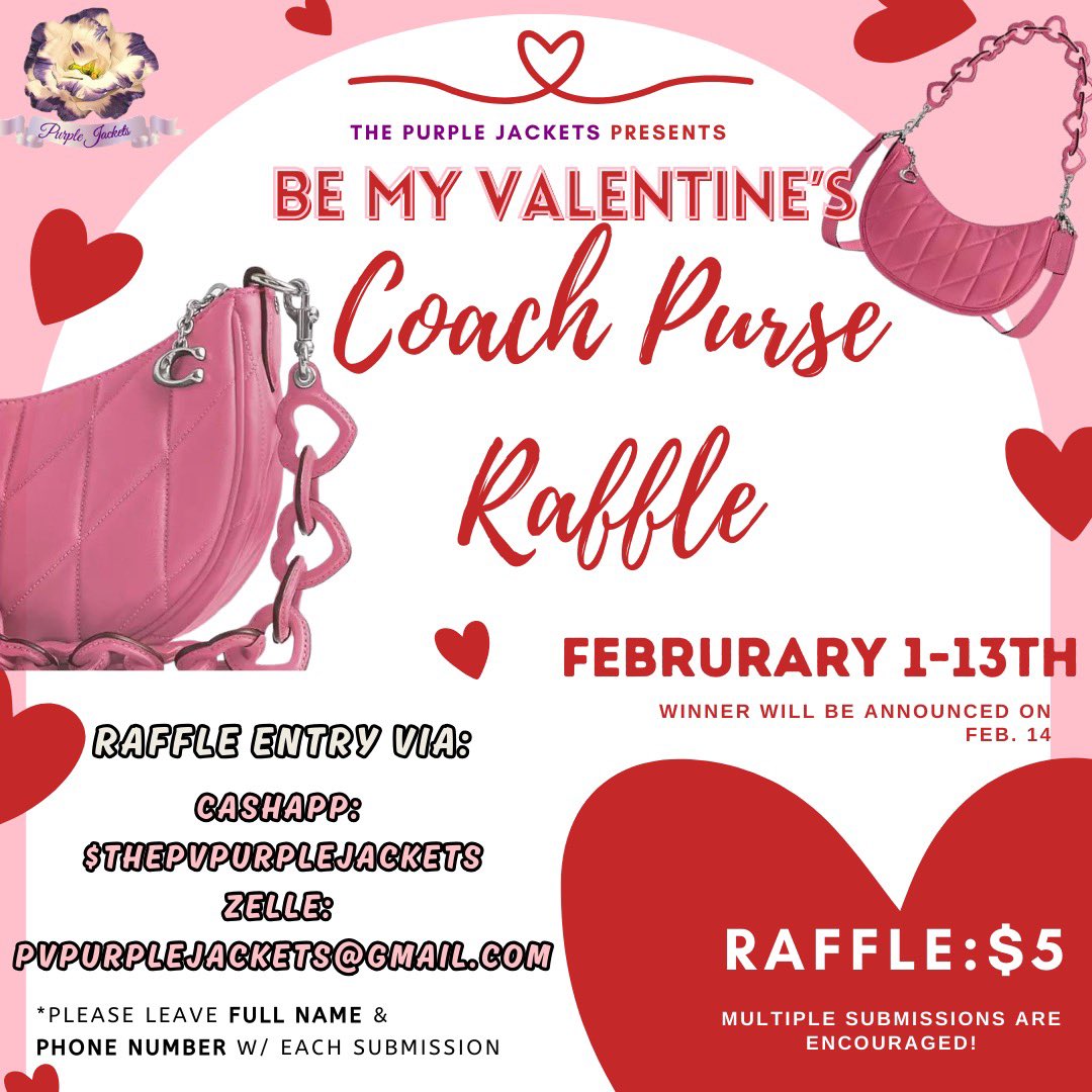 pv_purplejacket's tweet photo. Love Is In The Air❤️… Can You Feel It? 🥰 Surprise Yourself or Your Favorite Loved One &amp; purchase a raffle to win a Valentine’s Day Edition Coach Purse. 💕

Each Raffle is $5 and can be sent to our 
Cashapp: $ThePVPurpleJackets or 
Zelle: PVPurpleJackets@gmail.com https://t.co/tESPE5wtrr