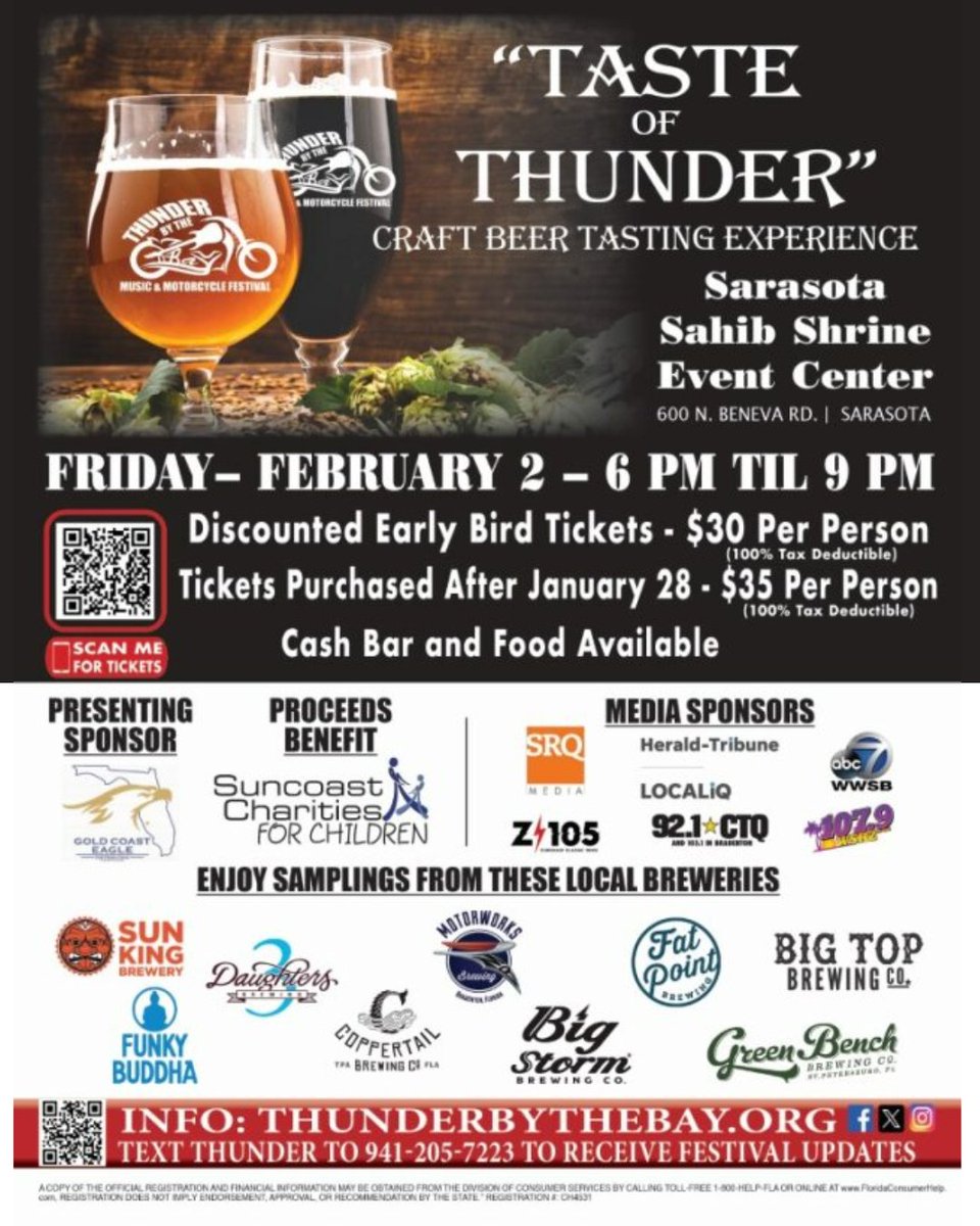 thunderbythebay's tweet photo. Taste some of the best craft beers in the area, and know that proceeds from your ticket will go towards helping local children, teens, and adults with special needs through Suncoast Charities for Children!   #TBTB2024 🏍️🍺
 
🎟 Get your tix: https://t.co/IfZmOVw9Ky https://t.co/EplufB8AVB