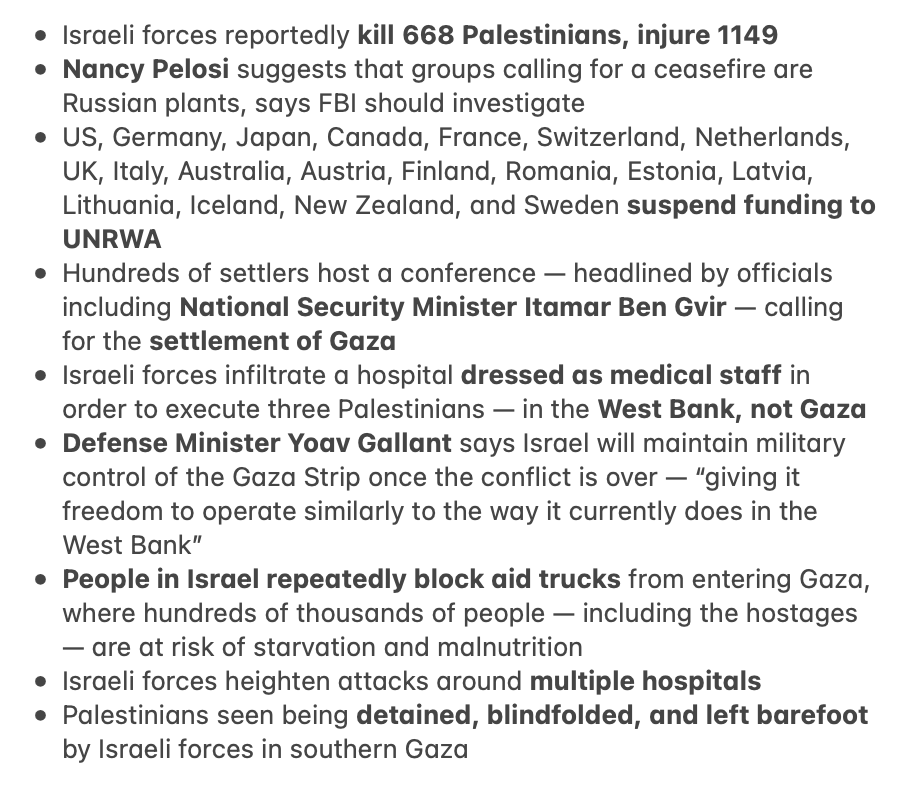 prem_thakker's tweet photo. Since the International Court of Justice ruled four days ago that Israel is plausibly committing genocide, Israeli forces have reportedly killed 668 Palestinians and injured 1149.

Also since the trial four days ago: https://t.co/IIOUw9g0t5