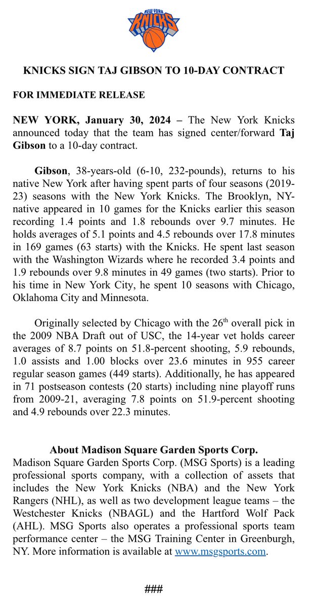 NY_KnicksPR's tweet photo. .@nyknicks Sign Taj Gibson to 10-Day Contract https://t.co/vceDYL8aoi