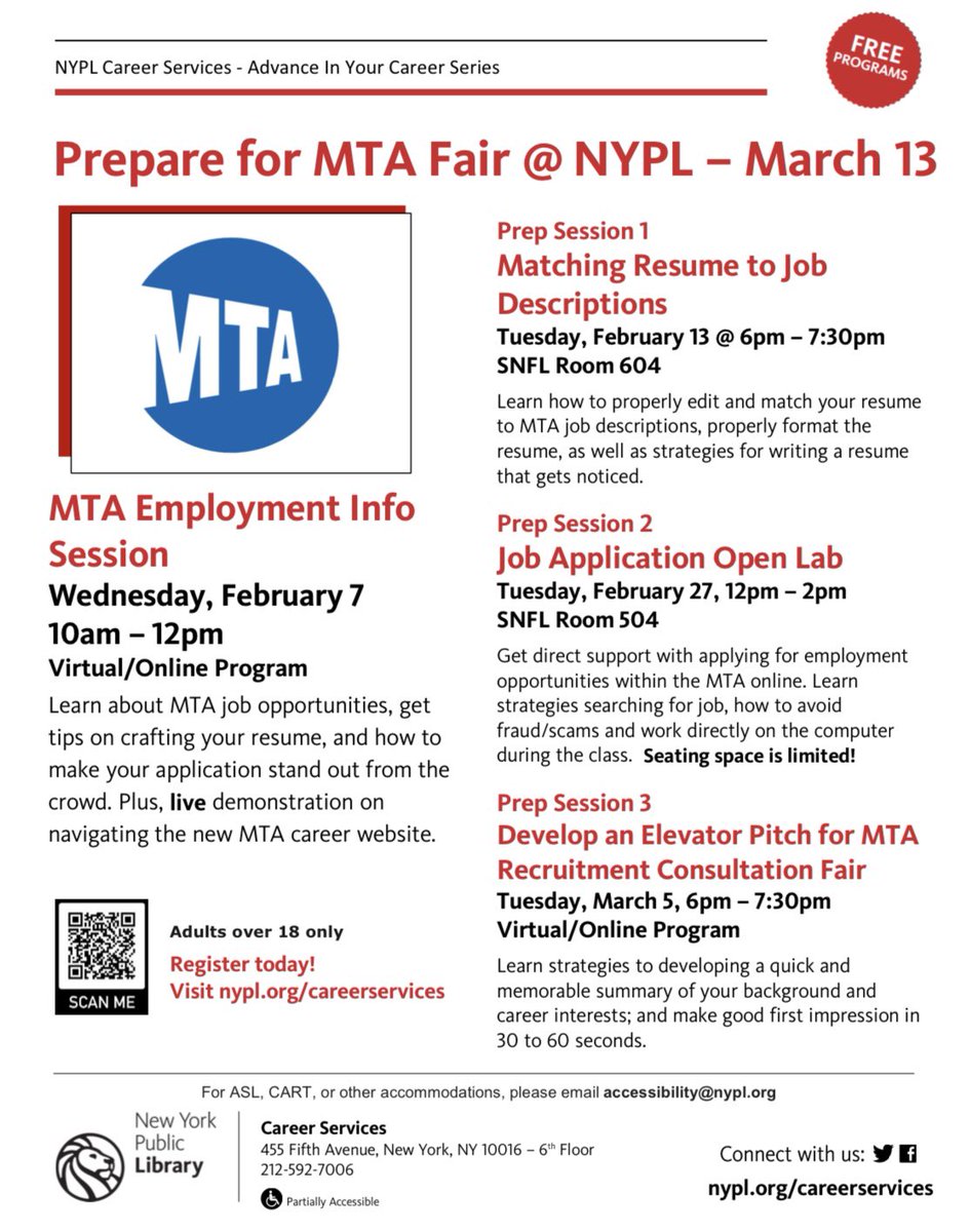 We are collaborating with North America's largest transportation network to host an @MTA Employment Info Session to prep for our @nypl / MTA Recruitment Consultation Fair on Mar. 13 To sign up click here: lnkd.in/eKixddSr #nypl #mta #jobs #nycjobs #employment