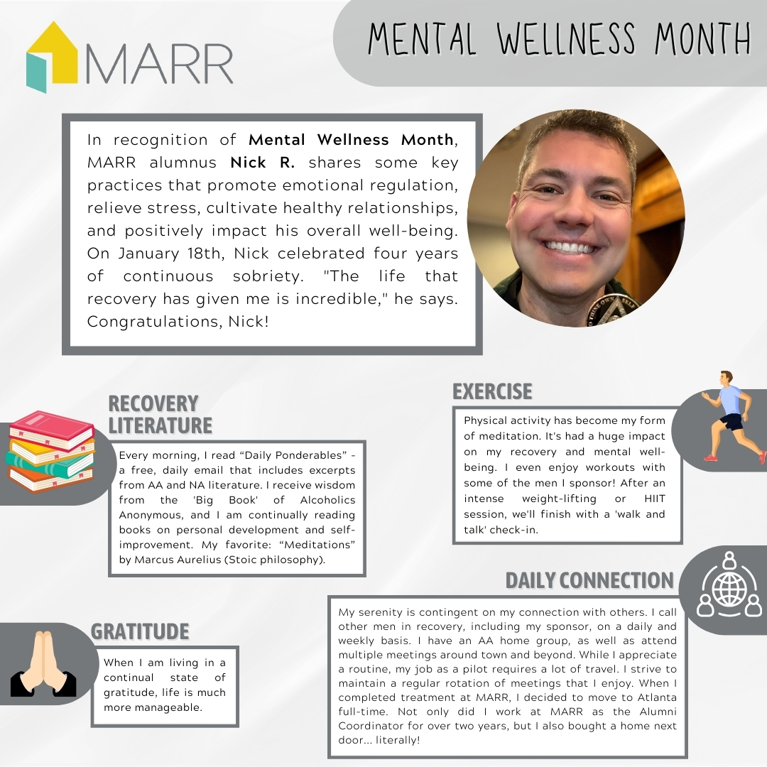 MARRIncRecovery's tweet photo. As Mental Wellness Month comes to a close, we're shining the spotlight on MARR alumnus Nick R. Check out a few of Nick's go-to tools for maintaining a positive mental state in recovery.
💪🏻💪🏽💪🏿

#mentalwellnessmonth #mentalhealthmatters #addictionrecovery #communityforlife https://t.co/VXkkdHRGzS