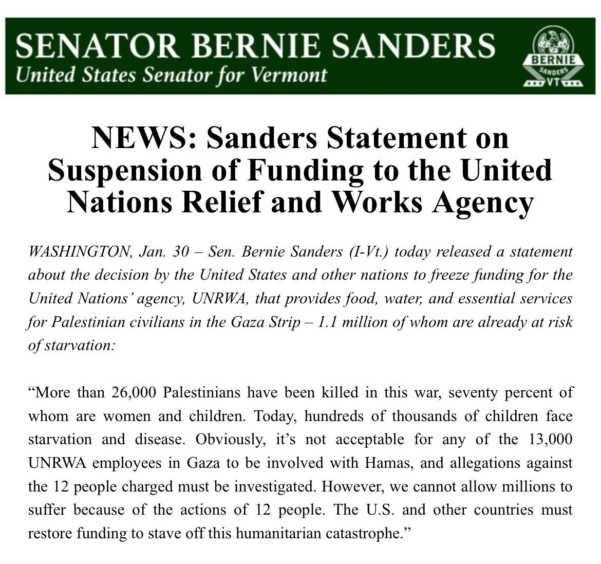 We cannot allow millions to suffer because of the alleged actions of 12 people. 

The U.S. and other countries must restore funding to UNRWA, which provides food, water, and essential services to the people of Gaza.