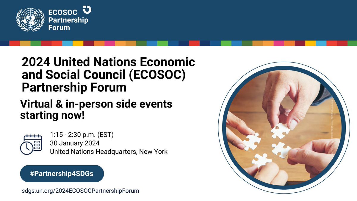 💡 Ready for insightful discussions? Virtual & in-person side events at the 2024 UN ECOSOC Partnership Forum have just begun 

Join the conversations, explore innovative ideas, and contribute to shaping a sustainable future. 💬 

sdgs.un.org/2024ECOSOCPart… 

#UNSDGs #GlobalGoals