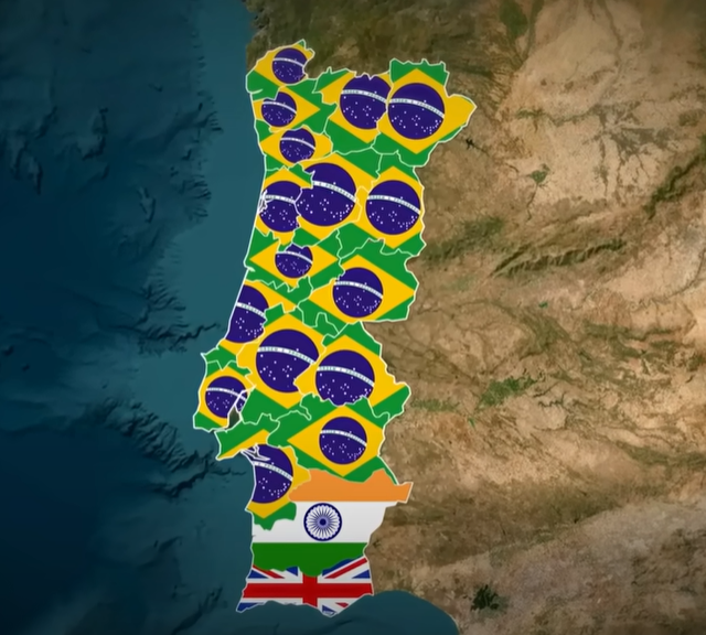 Mapa que apresenta o maior grupo imigrante em Portugal por Distrito, confirmando que na sua maioria provém do Brasil.