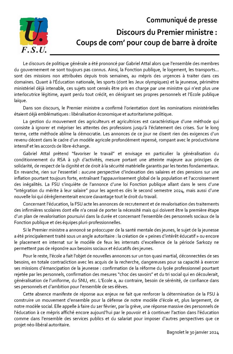 FsuNationale's tweet photo. Discours du Premier ministre :
Coups de com’ pour coup de barre à droite https://t.co/8jdIosDijn