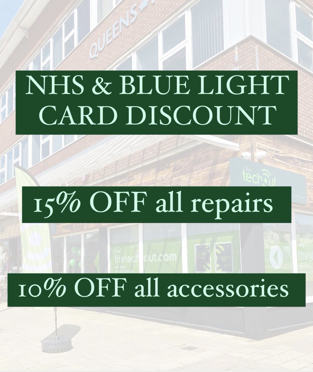 Do you have an NHS blue light card? 

If so we are happy to say we are now offering discounts for you all 🙌🏼 

A massive 15% OFF ALL repairs and 10% off ALL accessories 🤩

Available in both our stores ☺️

🌐 thetechout.com 

*not used in conjunction with any offers