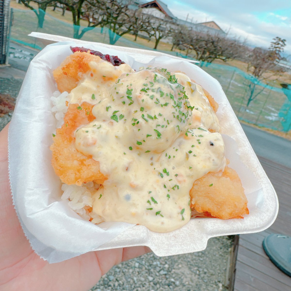 iaegsan2026's tweet photo. チキン南蛮キッチンカー  #befine さん!
この日は昭和町の  #フカサワ珈琲 さんの敷地で出店されてたのでテラス席にて
チキン南蛮弁当をイートイン(*´ч ` *)
たっぷりかかったのホタテ塩レモン味のタルタルソース😍ウマウマでした(*¨̮*)
[出店車は2号店🚚🐓] https://t.co/x7PsEo3TXi