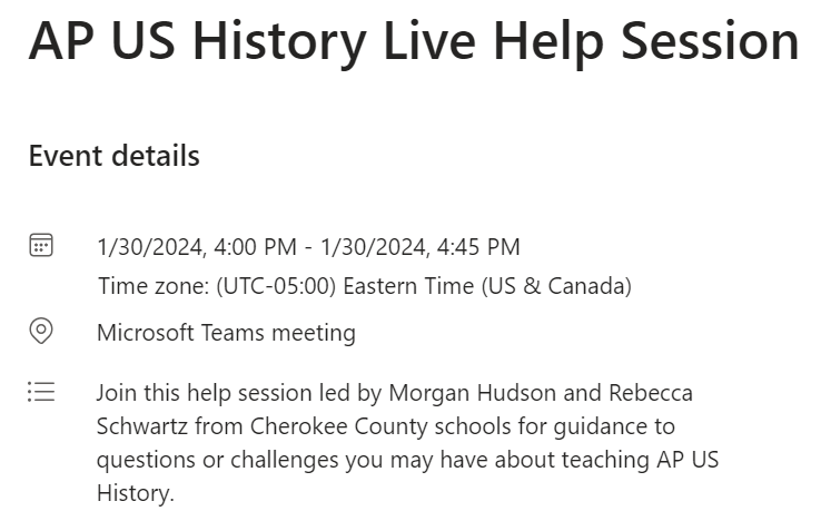 Morgan (Green) Hudson (@ms_greencvhs) on Twitter photo 💥APUSH Teachers – Have questions about the course? Join us for a live help session today! Click on the link to register. Spread the word, all are welcome!
Today, 1/30, at 4pm – AP US History
tinyurl.com/47teykp2
#sschat #apush <a href="/GaDOE_SS/">GaDOE_SocialStudies</a> 💥APUSH Teachers – Have questions about the course? Join us for a live help session today! Click on the link to register. Spread the word, all are welcome!
Today, 1/30, at 4pm – AP US History
tinyurl.com/47teykp2
#sschat #apush <a href="/GaDOE_SS/">GaDOE_SocialStudies</a>