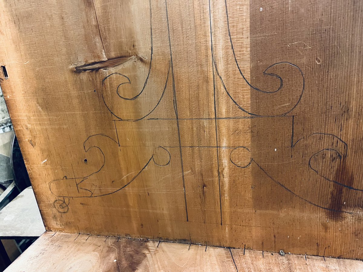 DanRestoration's tweet photo. Restoring a Georgian 1780 linen press, replacing worn out runners and come across a drawing  for a library/ work table full scale on pine construction timber , showing  the workings of the cabinet maker left behind https://t.co/Zcku61jiAo