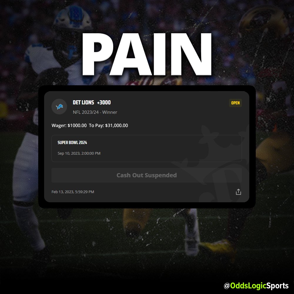 There's always next year, too bad this was the last juicy year for odds... looking like +1200 this time around.

Really wanted it for the <a href="/Lions/">Detroit Lions</a> and the fans more than anything else, the Brand New Lions will be back.

#OnePride #Detroit #DetroitLions #Superbowl #Sportsbetting