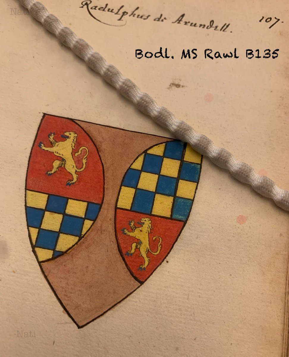 NatisArms's tweet photo. 2/2… Roger de Arundel, bastard son of a member of the #FitzAlan family (who included the earls of Arundel), bore the quarterings of FitzAlan and #Warenne on flaunches. (the argent turned 🟠) 
Taken from the work of York herald Ralph Brook, 1594. 
Bodl. MS Rawl B 135 https://t.co/Pa8AfW5qIt