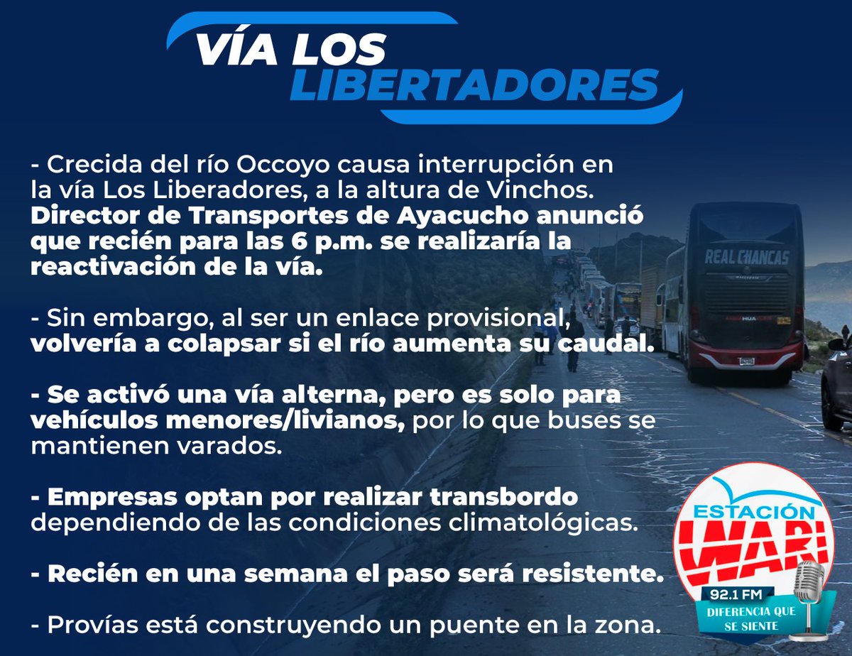 VÍA LOS LIBERTADORES: PASE ENTRE AYACUCHO Y LIMA CONTINÚA INTERRUMPIDO Y BUSES VARADOS

A poco de los carnavales, la situación climatológica complica el acceso y salida de Ayacucho. Informan que, aunque se hace la limpieza, si el río vuelve a crecer seguirá ocurriendo lo mismo.