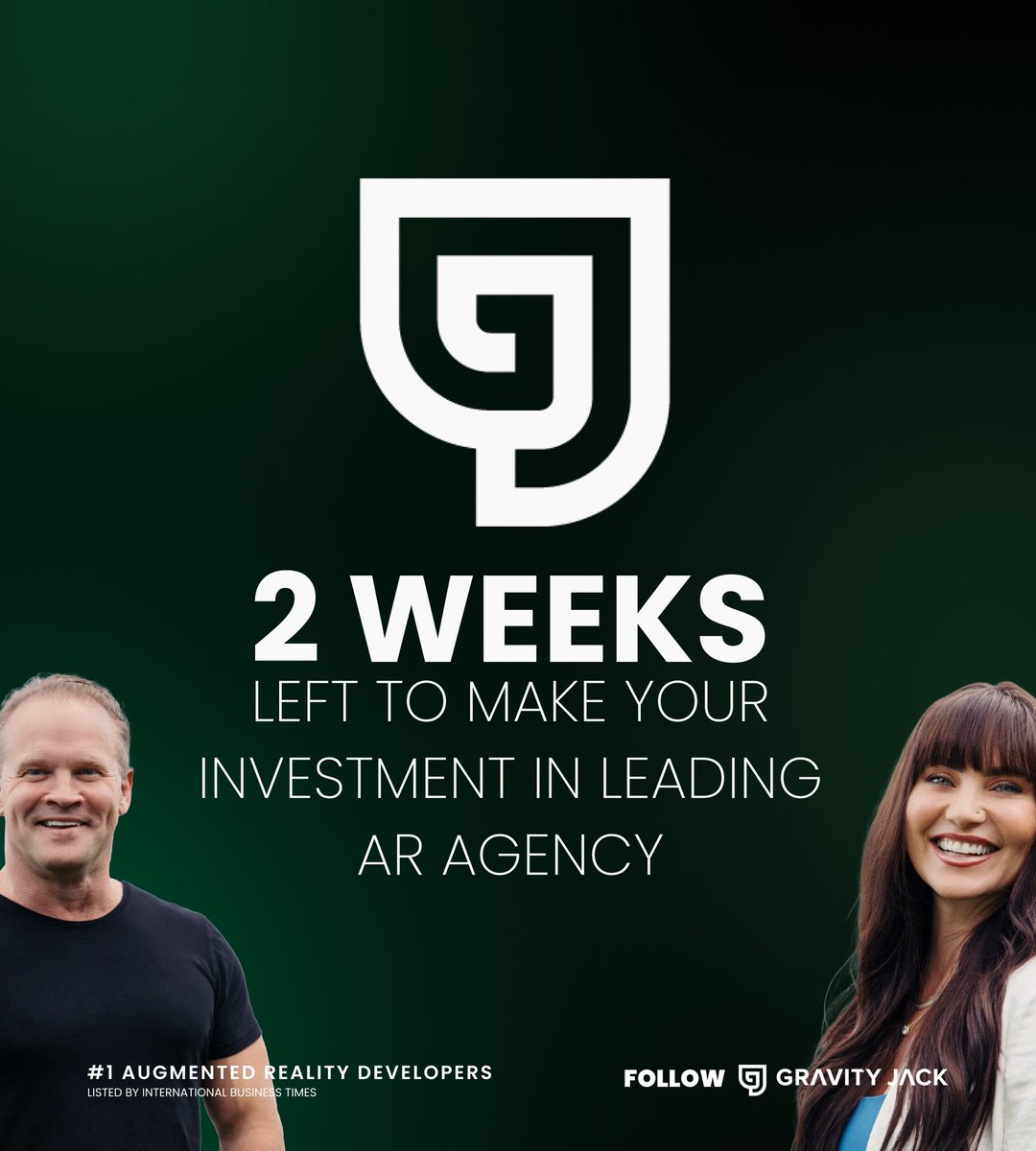 Time's ticking! ⏰ Our incredible journey on StartEngine is reaching new heights, but there are only 2 weeks left to invest in Gravity Jack, the leading AR agency in the US! 🌐✨

Invest now in the leaders of the Augmented Reality space and don’t miss the chance to be part of the