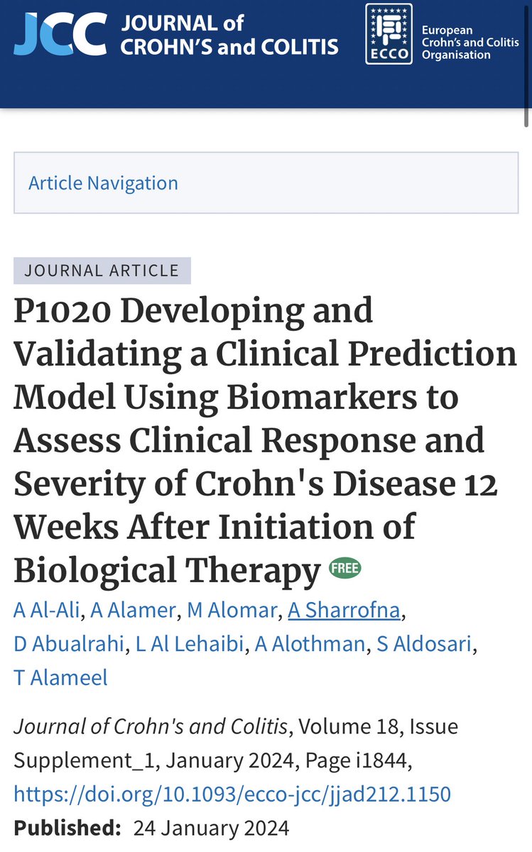Our second abstract at the 19th Congress of ECCO delved into building and validating a prediction model assessing clinical response and severity of Crohn's disease post-biological therapy initiation, leveraging potentially valuable biomarkers. 
academic.oup.com/ecco-jcc/artic…