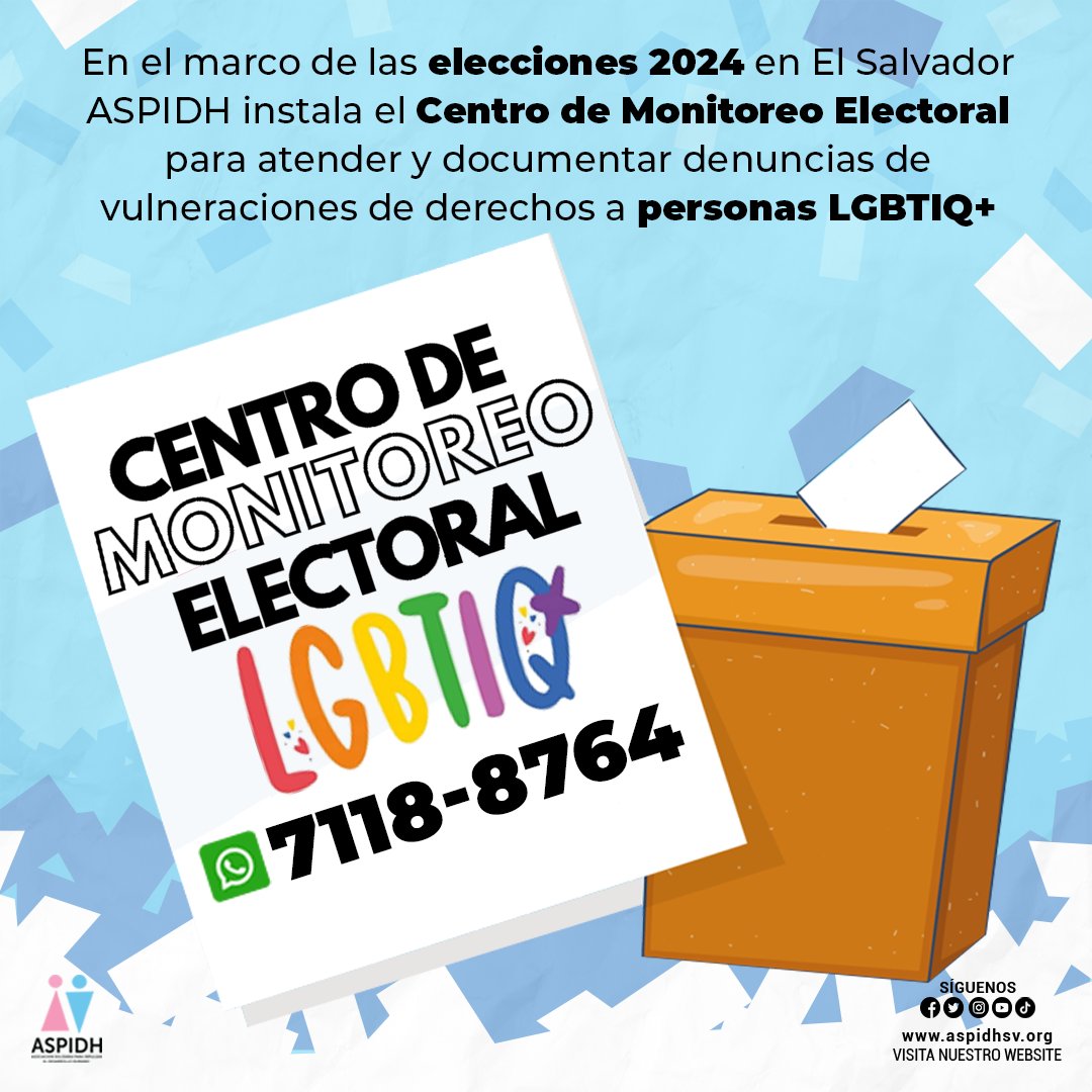 ASPIDHARCOIRIS's tweet photo. En el marco de las #Elecciones2024 en #elsalvador🇸🇻 #ASPIDH instala el Centro de Monitoreo Electoral para atender y documentar denuncias de vulneraciones de derechos a personas #lgbtiq🌈 +🗳
🟢 WhatsApp: +503-7118-8764
#VotoTrans @REDLACTRANS @ASFC_CA https://t.co/BwJq6Plg3k