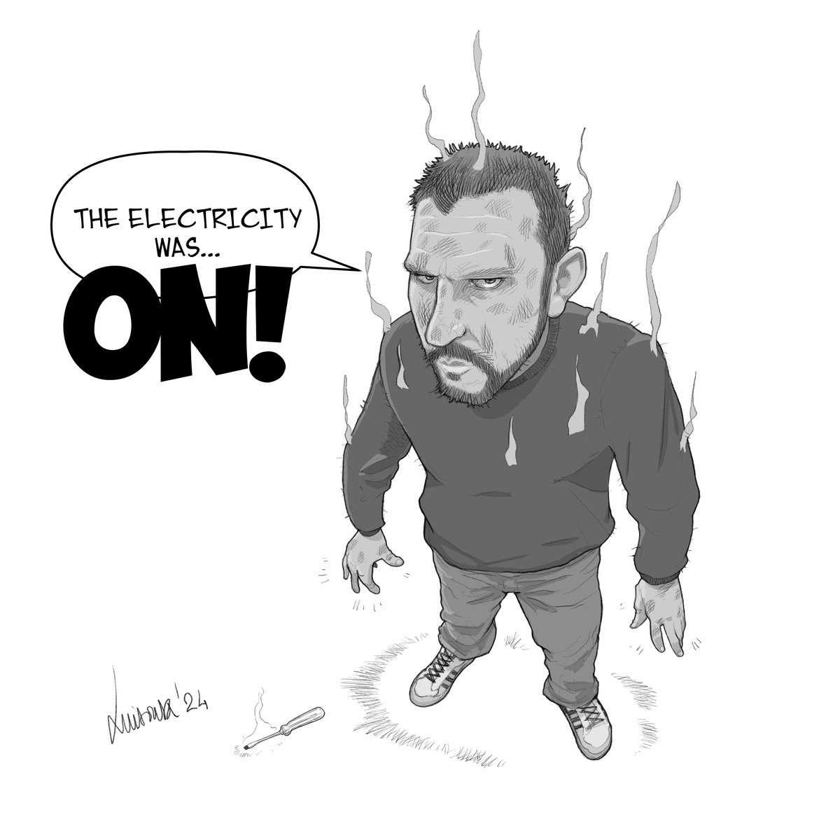 Nothing2say14's tweet photo. The electricity was ON!

#sketchnearlyeveryday #sketch #characterdesign #perspective #illustratoroninstagram #illustration #art #funny #electricity #moving #csp #clipstudiopaint #graphixly #wacom https://t.co/XStrNQ4mp4
