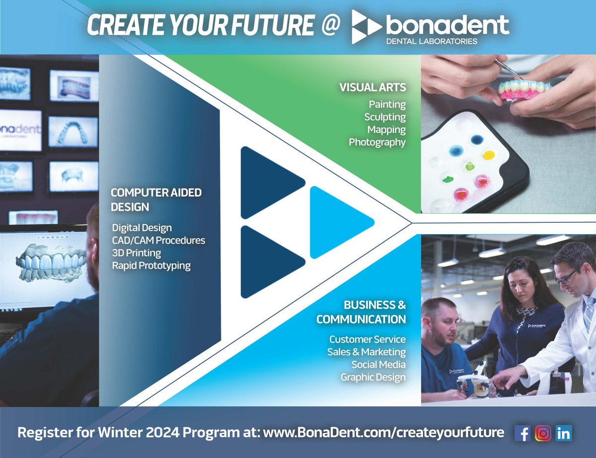 DanieleWirth's tweet photo. Exciting News! The #createyourfuture program is back at BonaDent-NY. Starting this February, our program offers a unique opportunity to train on-site and embark on a rewarding journey to become a dental technician. 
Visit https://t.co/COGM8dlVIT and search BonaDent to learn more. https://t.co/M3lecVXtqc