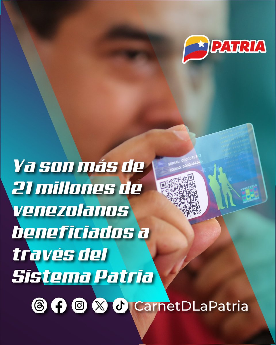 #AsiLoDijo nuestro Presidente <a href="/NicolasMaduro/">Nicolás Maduro</a>: …“El carnet de la Patria es una política social, única en el mundo”...
En 2023, alcanzamos un total 
de 21 millones de venezolan@s beneficiad@s a través del #SistemaPatria. 
¡Seguimos adelante!

#7TFórmulaVictoriosa #30Ene