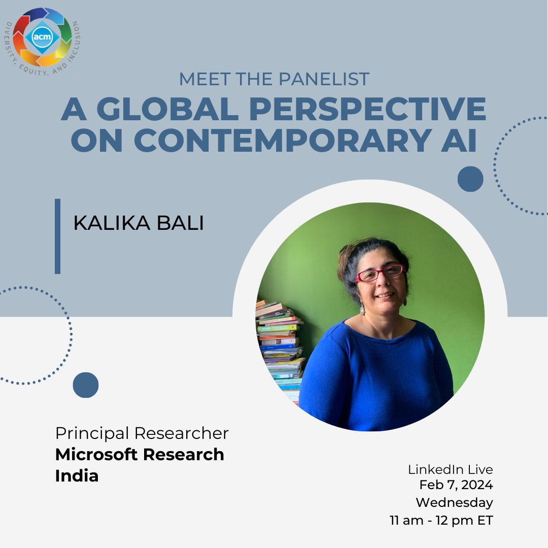 TheOfficialACM's tweet photo. Introducing Kalika Bali, Principal Researcher @microsoftresearch India and panelist for our upcoming #ACMLivePanel! Bali was recognized in #TIME100 AI list for her work in breaking language barriers & leading inclusivity in the AI revolution. ๐ https://t.co/RvH5bx8BVN
#ACM #AI https://t.co/Ve2VItrj9L