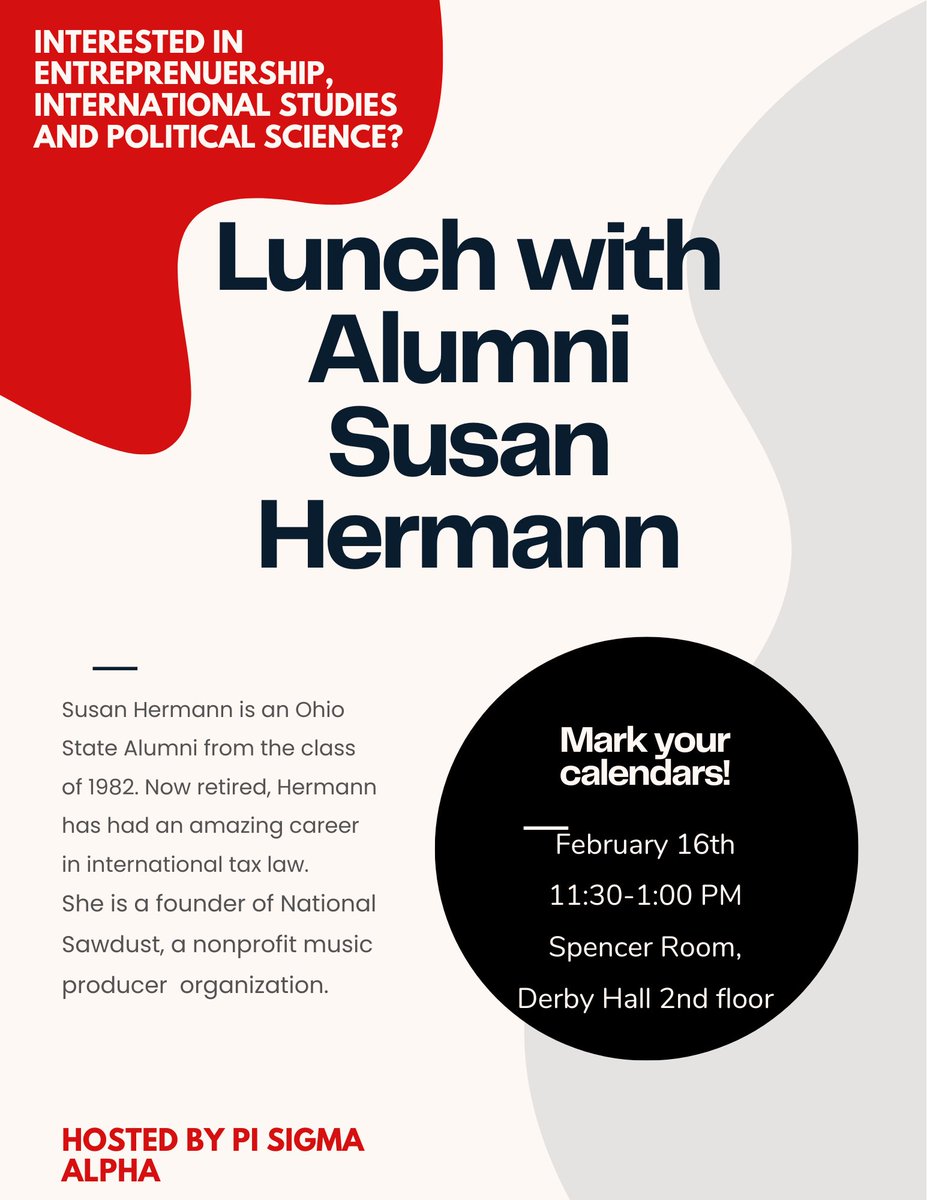 PSA_OhioState's tweet photo. First event of the semester!🚨
 We're hosting a lunch with the esteemed alumni Susan Hermann.
If you are interested in entrepreneurship, international studies, tax law or just interested in speaking with an alumni, this is the event for you.
Info below👇🏼
See you there!👋🏼
#PSA https://t.co/WQvK6SmREW