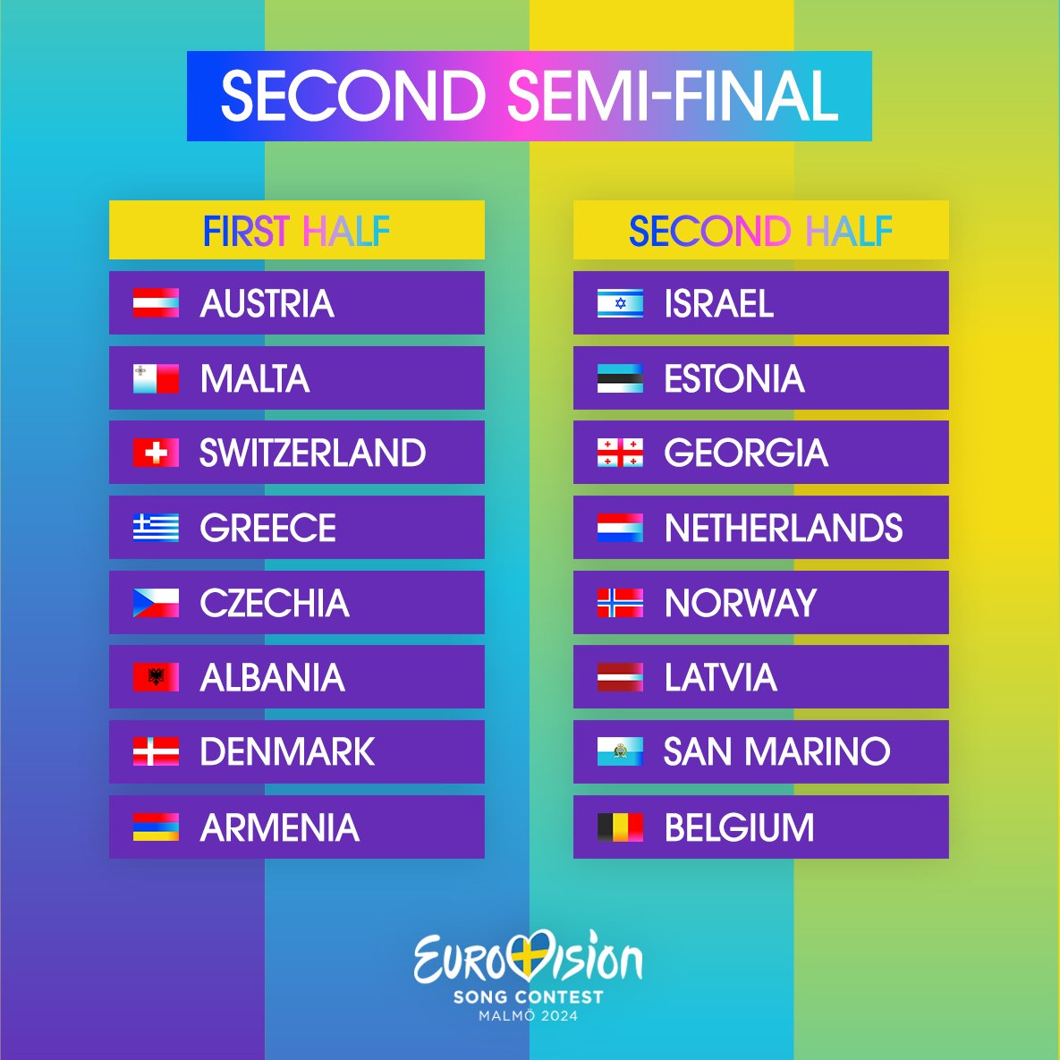 EuroTikTalk's tweet image. 🚨 YA ESTÁN TODOS!

Este es el reparto de semifinales para #Eurovision2024 en el que España podrá votar en la segunda semifinal por sus favoritos.

¿Que os parece? 👀
#Eurovision #AllocationDraw