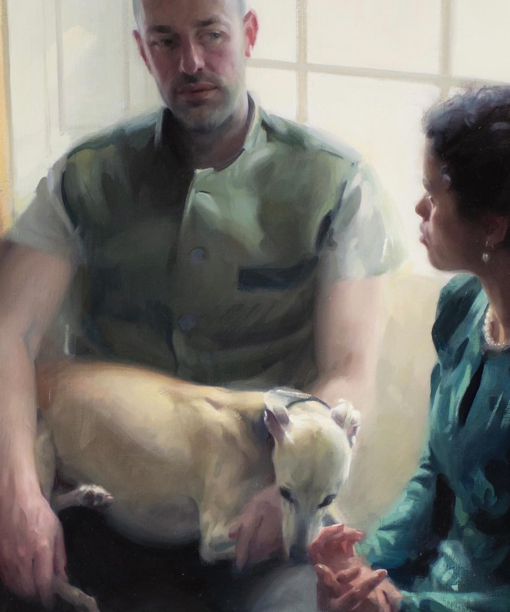 francesbellptg's tweet photo. Sometimes you have to wheel back to a piece and adjust some things, so it has been here. My dear friend and his divine fiancé sat for me in the summer (and whippet Mucha too), and I’ve been tickling it since then. #portraitpainting #portraitpaintingartist #doubleportrait https://t.co/3eVq58emN0