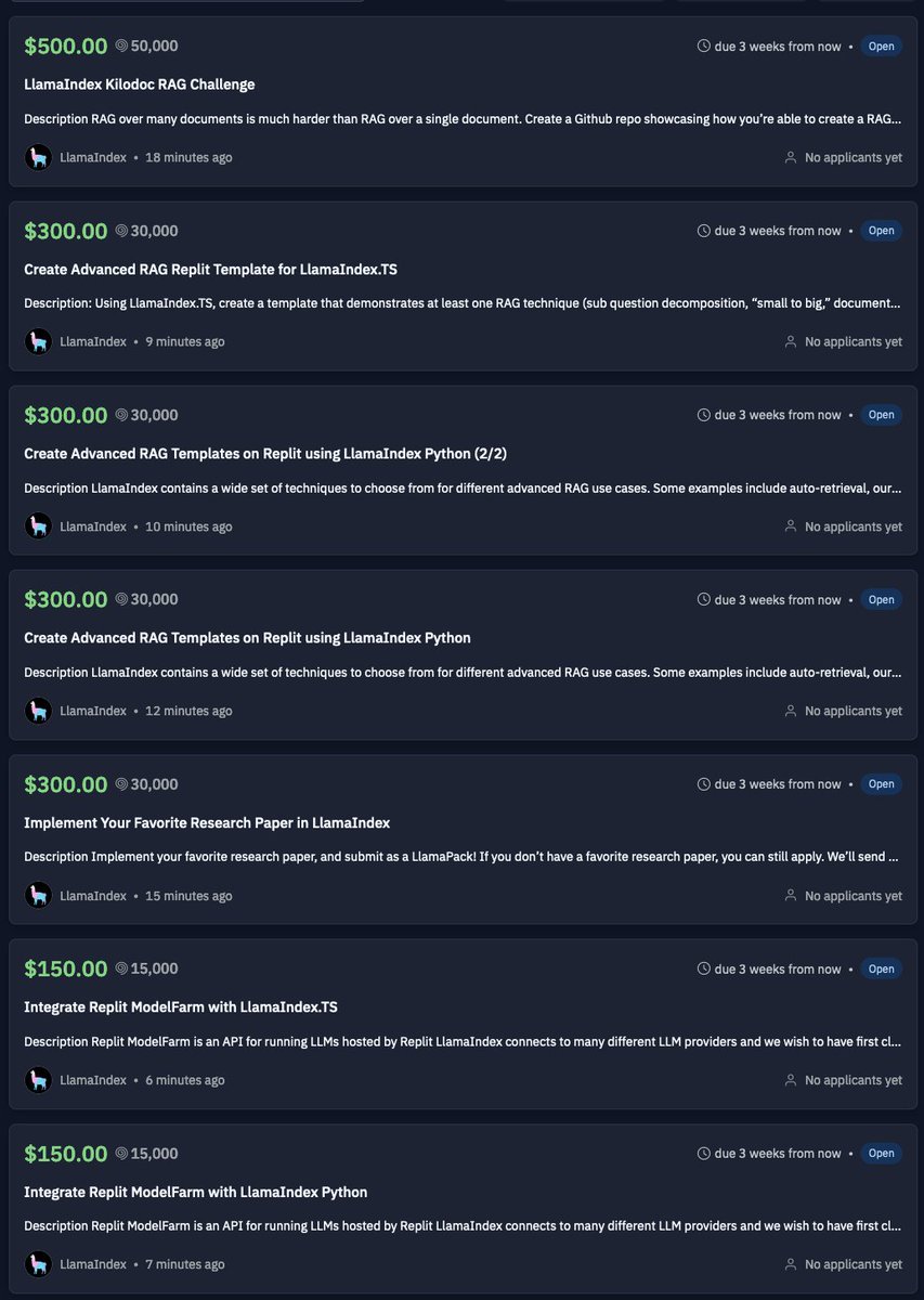 At LlamaIndex, we love open source contributors and we love exploring advanced RAG. 

That’s why we’re teaming up with @replit 🤝 to offer $2,000 dollars worth of bounties to build open source templates and more using LlamaIndex, centered around advanced RAG!

Bounty 1️⃣ : Kilodoc
