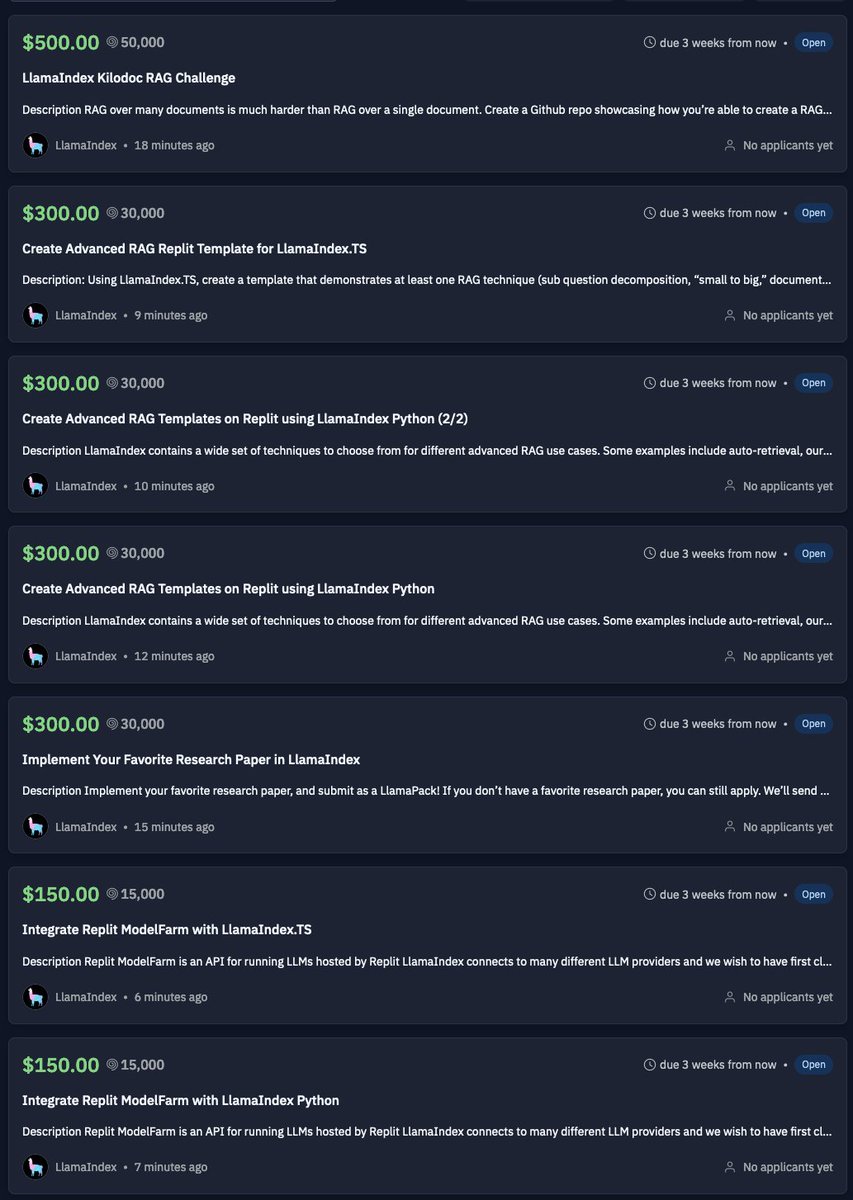 At LlamaIndex, we love open source contributors and we love exploring advanced RAG. That’s why we’re teaming up with @replit 🤝 to offer $2,000 dollars worth of bounties to build open source templates and more using LlamaIndex, centered around advanced RAG! Bounty 1️⃣ : Kilodoc…