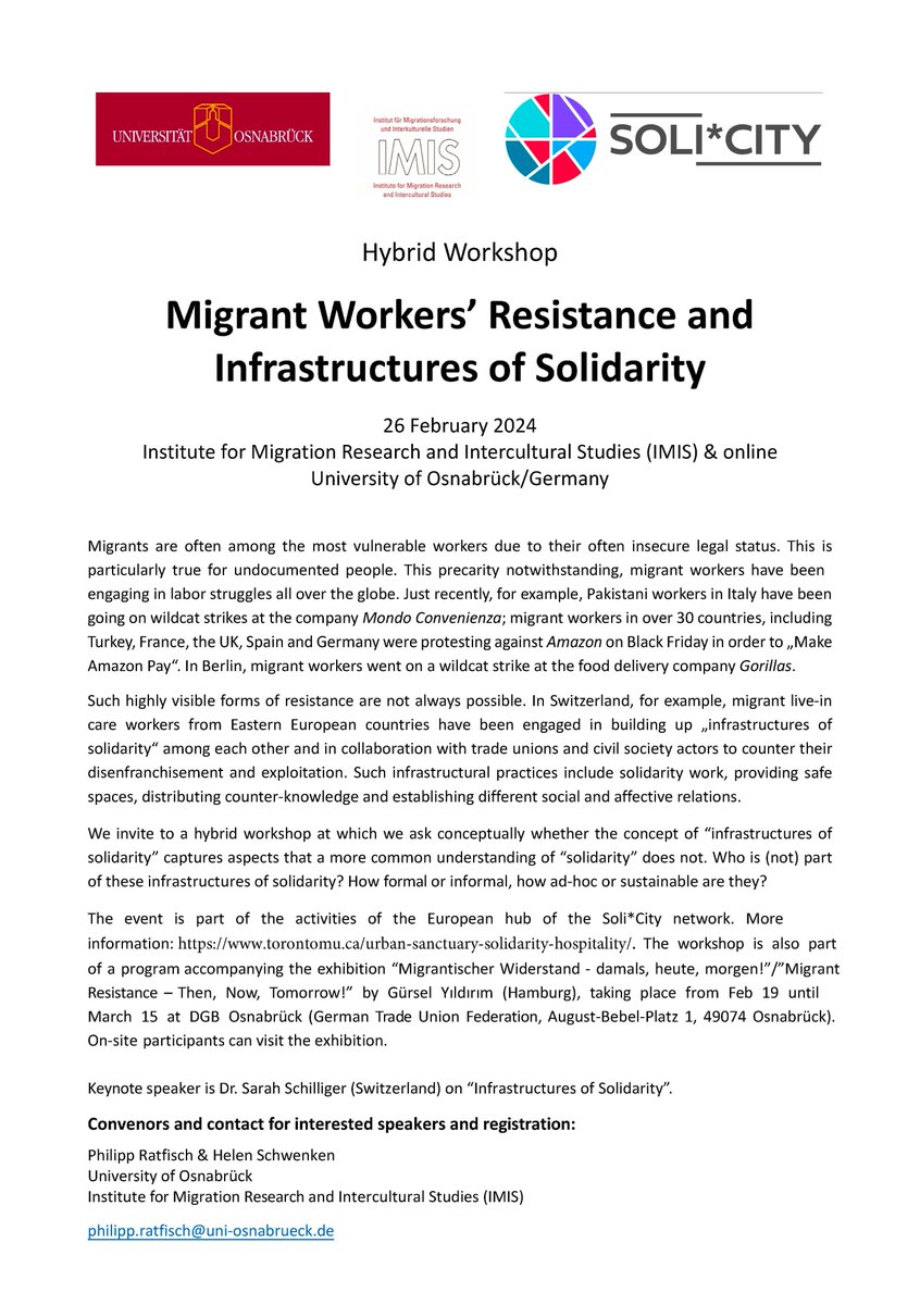 Our partner IMIS at Osnabruck University is organizing the Hybrid workshop 'Migrant workers' resistance and infrastructures of solidarity' on Feb 26. Please see details below.
