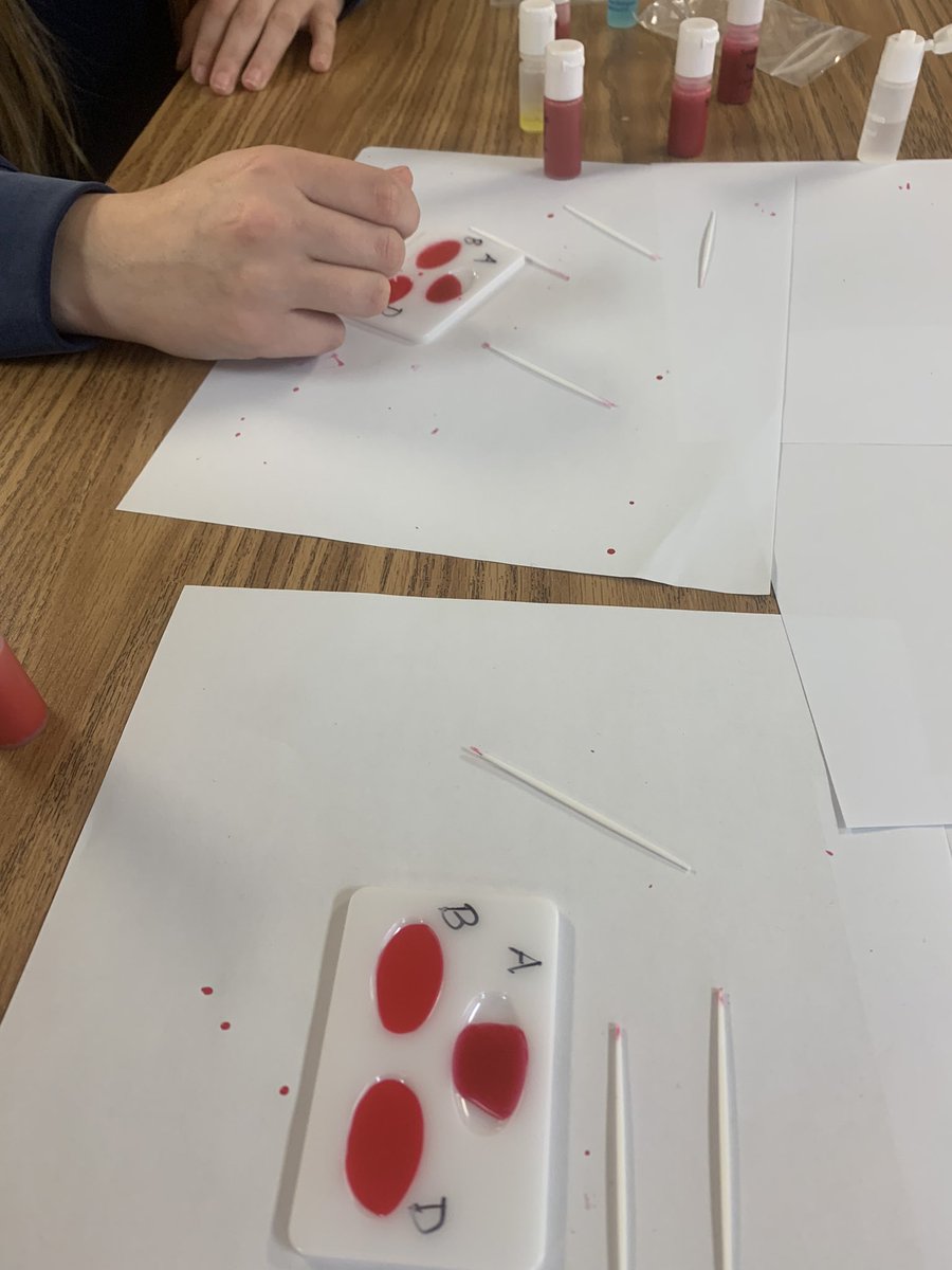 We are in the middle of our Serology Unit in Forensic Science.  Today we worked on testing blood to determine blood types and the Rh factors (it was not real blood btw).