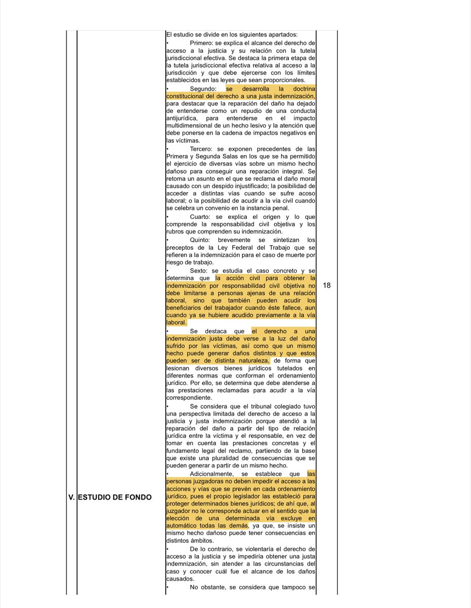 MoraErica's tweet photo. ‼️El derecho humano a la reparación integral del daño no puede ser limitado por las personas juzgadoras, es decir, no deben limitar ni excluir la procedencia de un reclamo a través una vía determinada.
📍La Suprema Corte amparó a familiares de tres trabajadores que perdieron la vida en un accidente automovilístico, ocurrido durante el desempeño de sus labores. El accidente fue ocasionado porque el conductor del vehículo (un supervisor de la empresa) se encontraba en estado de ebriedad. 
✅La Corte destacó que en el derecho a una indemnización justa debe valorarse el daño sufrido por las víctimas,  sin olvidar que el mismo hecho puede generar distintos daños y que estos pueden ser de distinta naturaleza, de forma que lesionan diversos bienes jurídicos protegidos en diferentes normas. Amparo Directo en Revisión 5121/2021
En este caso, la vía laboral no excluye la indemnización por la vía civil.
Liga del engrose: https://t.co/RPKF8yyg5o