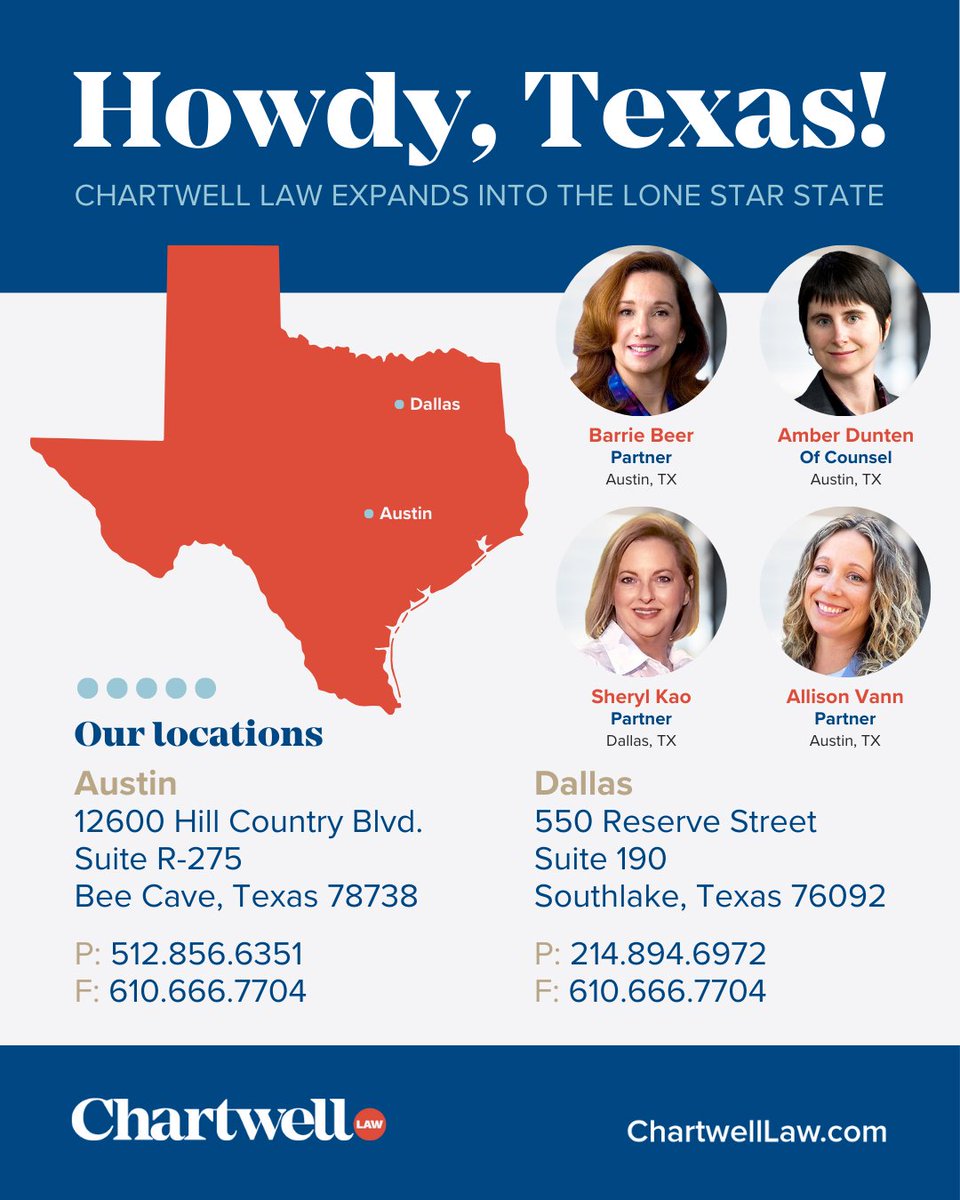 #ChartwellLaw is thrilled to announce our expansion into the Lone Star State! 

Exciting times as we open not one, but two new offices in #Texas and welcome four fabulous attorneys to the Chartwell family!

For the full bios please visit our website, bit.ly/3wg7qCQ.
