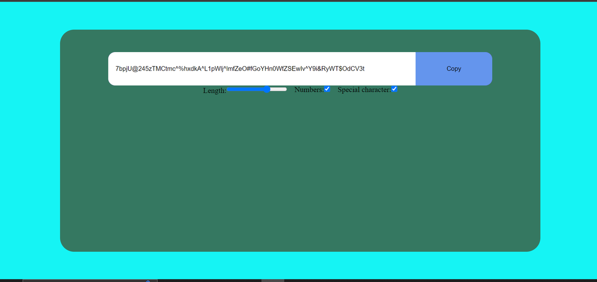 junaidz70037835's tweet photo. I am happy to share that i have built this password generator App in react.js.
I am following the best react series on youtube "Chai ur react☕"
@Hiteshdotcom https://t.co/hbCr8kC4bn