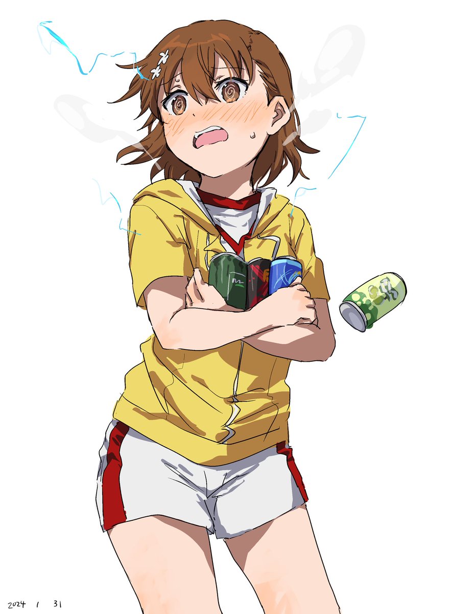misaka mikoto 1girl solo can shorts brown hair brown eyes white background  illustration images