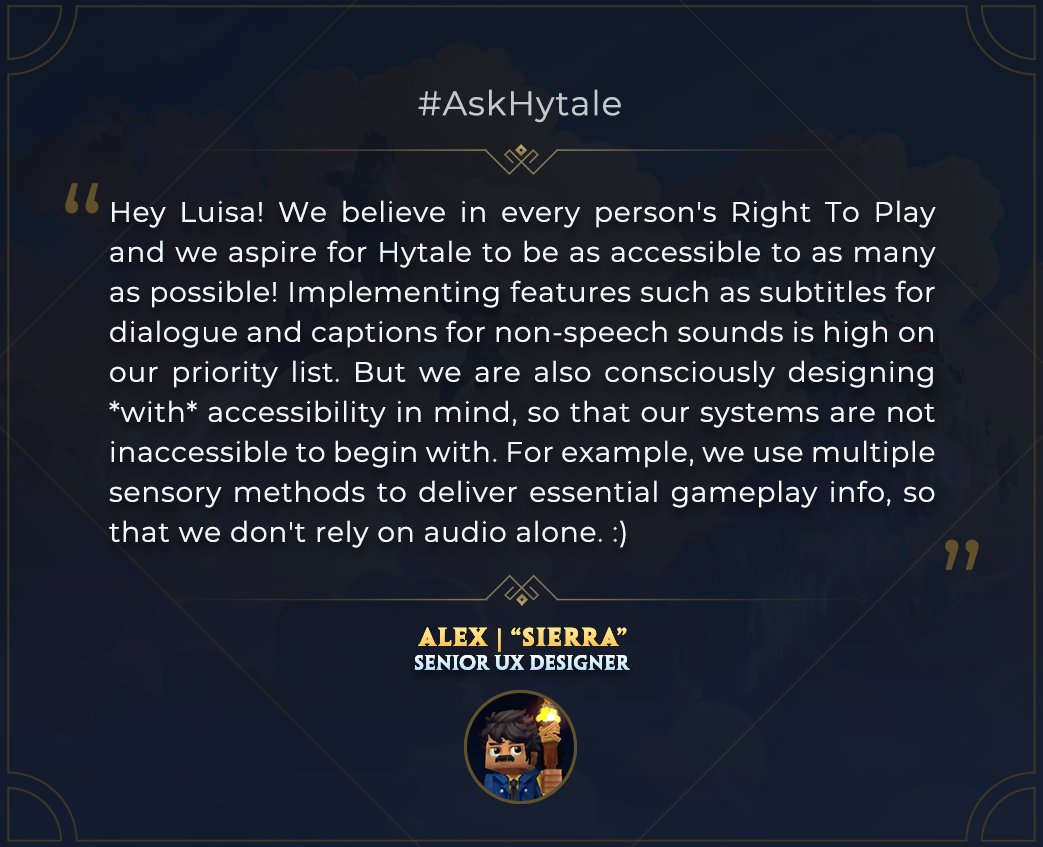 Wow - we are blown away by the amount of #AskHytale submissions we've received so far! Interviews are underway & we'll be releasing them when they're ready! For now - enjoy this answer from @atokmakchiev regarding accessibility options in Hytale.