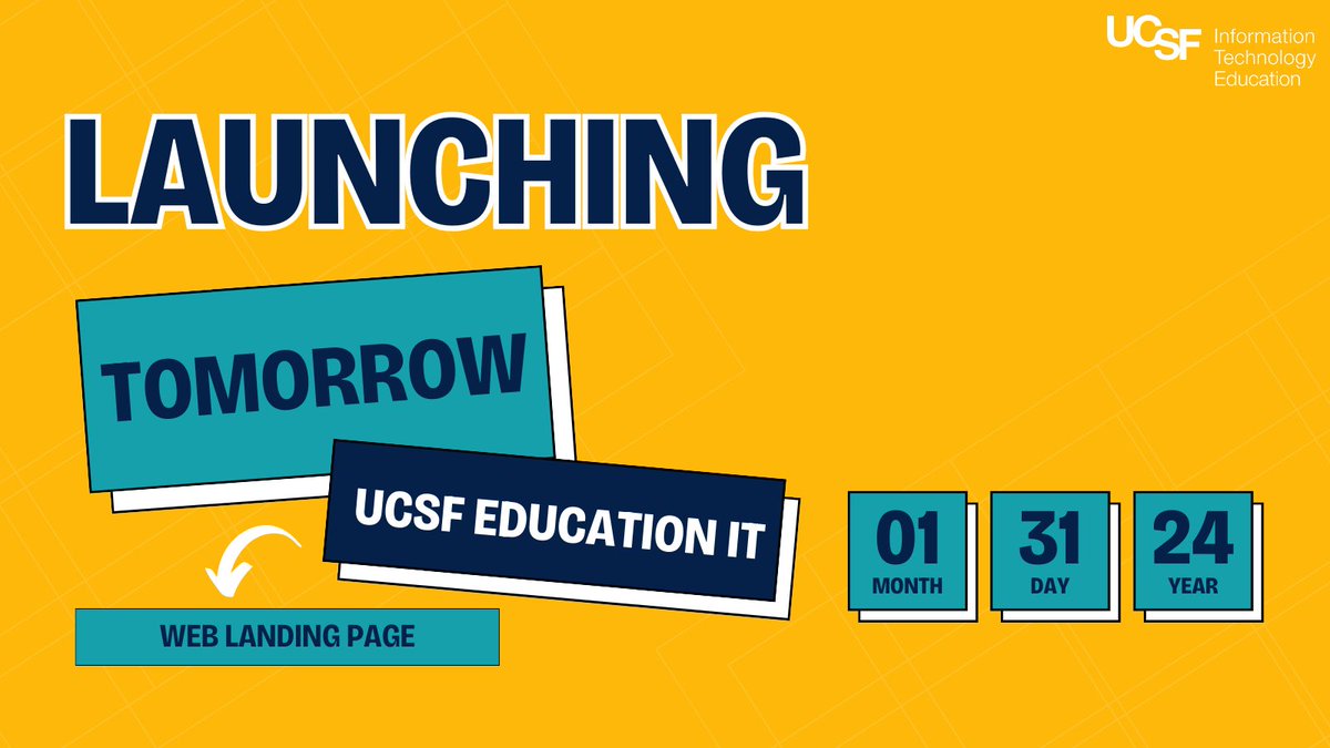 Happening tomorrow!

The EducationIT's new landing web page launches.

We support <a href="/UCSF/">UC San Francisco</a>'s mission &amp; values through inclusive edtech services and products.

You will find all of our services and products via the landing page.

#UCSF #EducationIT #EdTech #Education