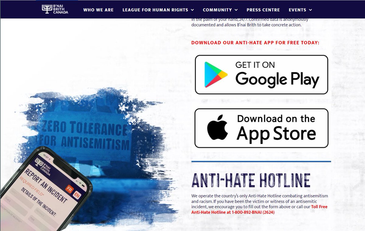 With the goal of fighting against the scourge of #antisemitism, I encourage you to download @bnaibrithcanada's #antihate app.
Not just a reporting app. They act on every alert.
Find the app and other reporting tools at bnaibrith.ca/anti-hate-hotl…
#itstopswithme