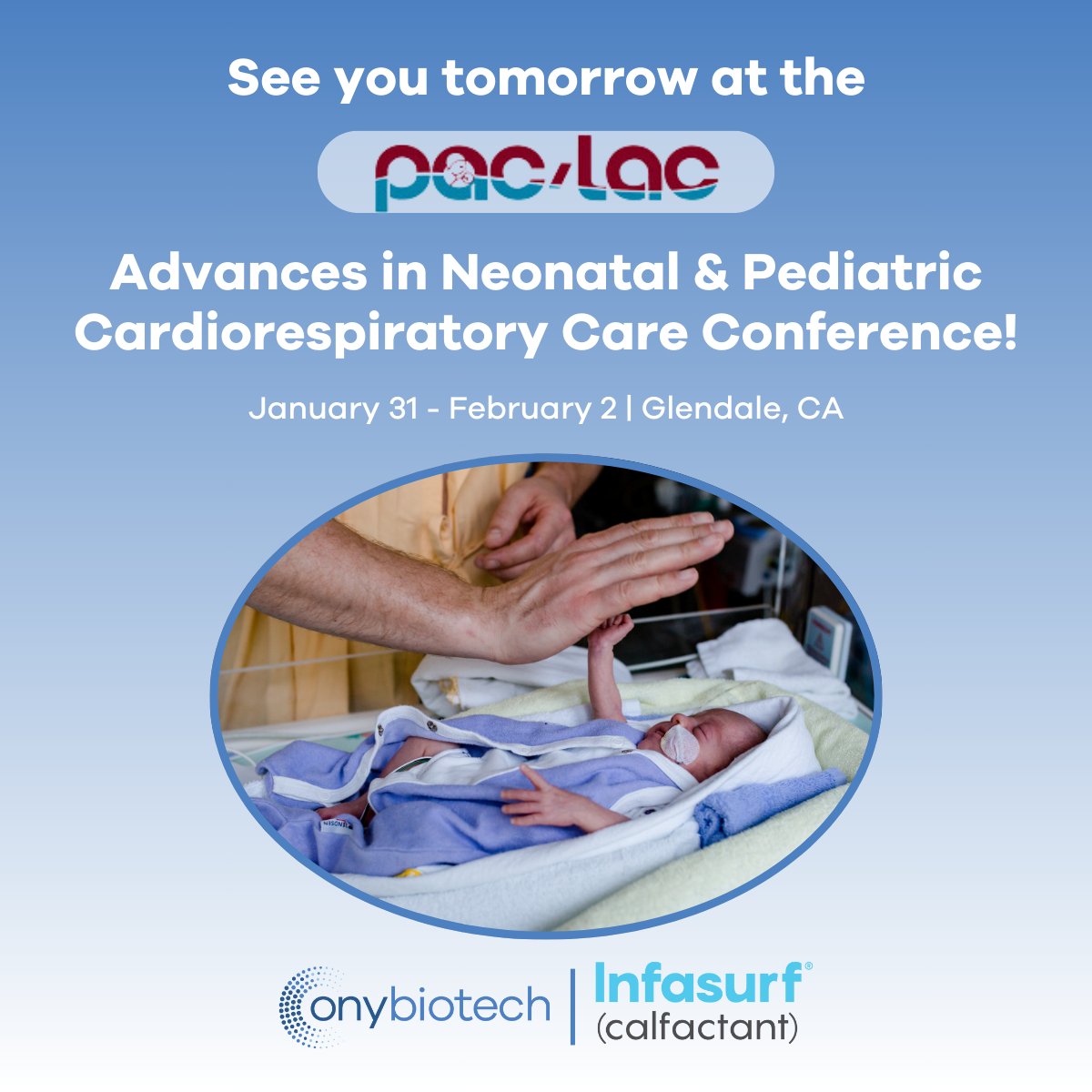 ONYBiotech's tweet photo. We are headed to Glendale, CA for the 40th Annual Advances in Neonatal and Pediatric Cardiorespiratory Care Conference! Looking forward to connecting with this year's attendees. #paclac #ONYBiotech #Infasurf #neonataology https://t.co/7OMyxQdh04