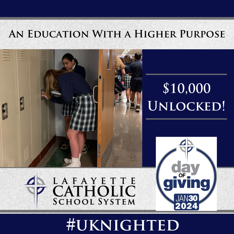 lafacatholic's tweet photo. WOOHOO!!! Thank you to our awesome donors! We just unlocked $10,000 for the Lafayette Catholic Schools!!! Let's keep this momentum going!!! https://t.co/P3BnwOIDEO #UKnighted #LCSSDayofGiving https://t.co/fEZO253eLp
