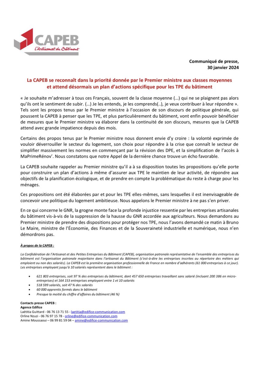 #CP Discours politique générale de <a href="/GabrielAttal/">Gabriel Attal</a> : la <a href="/capeb_fr/">La CAPEB</a> se reconnaît dans la priorité donnée par le Premier ministre aux classes moyennes et attend désormais un plan d’actions pour les TPE du bâtiment. Il a à sa disposition les solutions de bon sens portées par la CAPEB