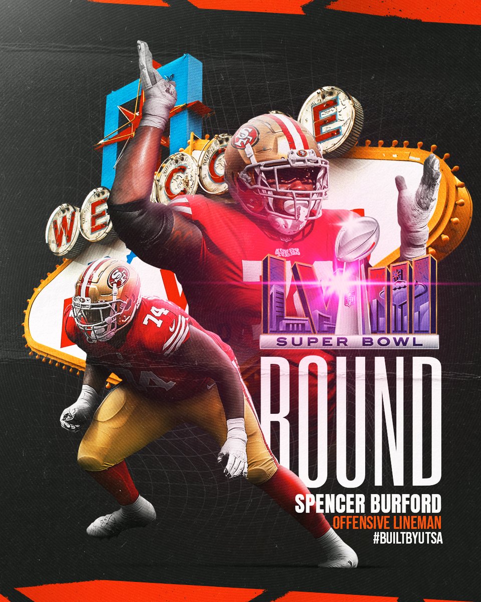 𝐒𝐔𝐏𝐄𝐑 𝐁𝐎𝐖𝐋 𝐁𝐎𝐔𝐍𝐃 Former UTSA All-American OL Spencer Burford is heading to the Super Bowl with the @49ers 🤩 #BuiltByUTSA | #BirdsUp 🤙