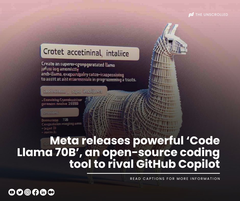 _P6TCS_'s tweet image. #Meta's new open-source AI model, #CodeLlama70B, is a powerful coding tool based on #llama 2, fine-tuned for generating code. It is an open-source alternative to #GitHubCopilot, trained using 500 billion tokens, and accessible via Hugging Face or PyTorch.