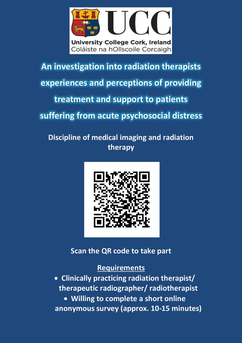 Inviting practicing radiation therapists to participate in a short online anonymous survey for my research project entitled 'An investigation into RTs experiences and perceptions of providing treatment and support to patients suffering from acute psychosocial distress'.